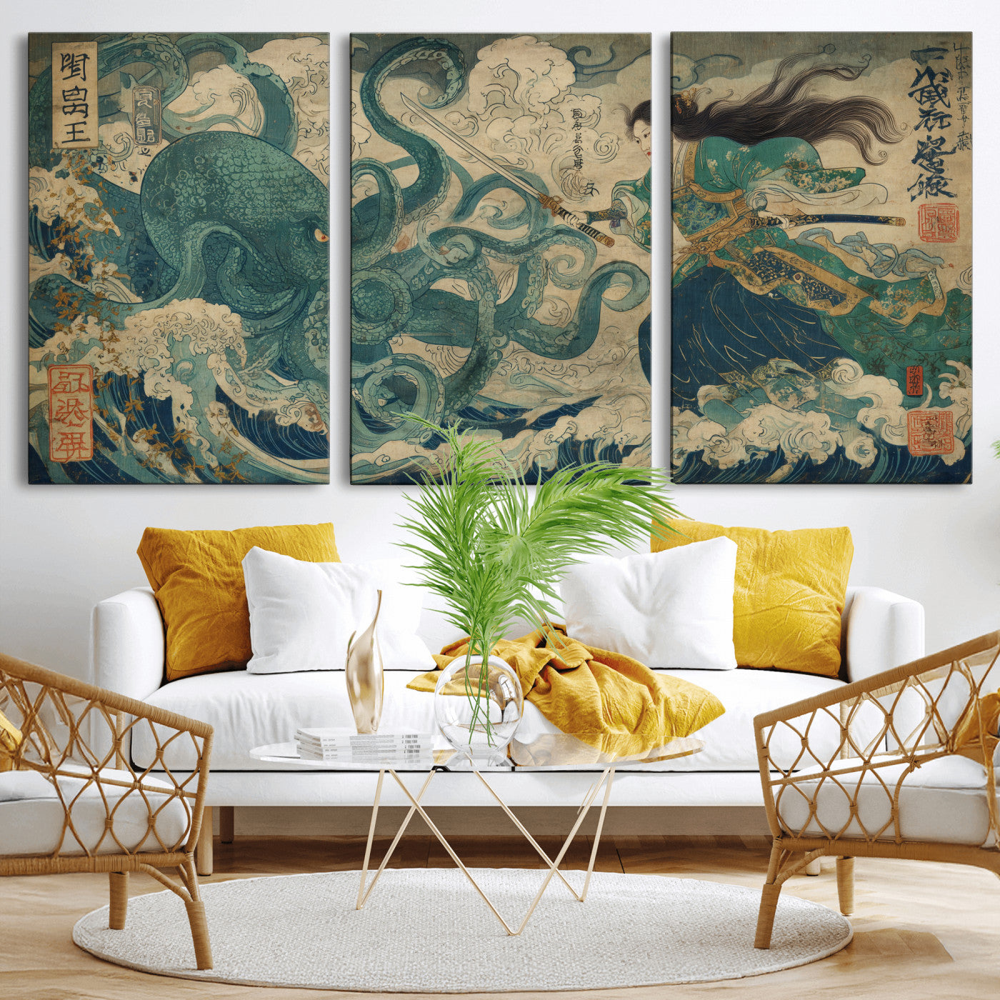 60346622-MGV-CV-36X24-Samurai Warrior vs Octopus Wall Art – Japanese Ukiyo-e Style Ocean Battle Canvas Print, Traditional Samurai Artwork for Living