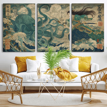 60346622-MGV-CV-36X24-Samurai Warrior vs Octopus Wall Art – Japanese Ukiyo-e Style Ocean Battle Canvas Print, Traditional Samurai Artwork for Living