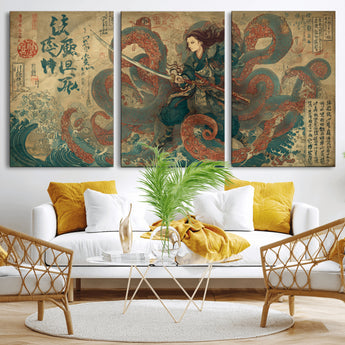 98593115-MGV-CV-36X24-Samurai Warrior vs Octopus Wall Art – Japanese Ukiyo-e Calligraphy Canvas Print, Ocean Battle Scene Artwork for Living Room,