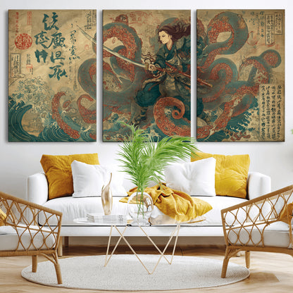 98593115-MGV-CV-36X24-Samurai Warrior vs Octopus Wall Art – Japanese Ukiyo-e Calligraphy Canvas Print, Ocean Battle Scene Artwork for Living Room,
