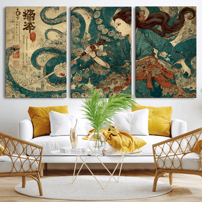 18575670-MGV-CV-36X24-Tsukioka Yoshitoshi Samurai Wall Art Print, Japanese Katana Warrior Canvas Wall Art, Octopus Sea Monster Canvas Print,