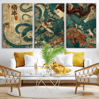 18575670-MGV-CV-36X24-Samurai Woman vs Octopus Wall Art – Japanese Ukiyo-e Ocean Battle Canvas Print, Traditional Warrior Artwork for Living Room,