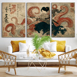 50812504-MGV-CV-36X24-Tsukioka Yoshitoshi Samurai Wall Art Print, Japanese Katana Warrior Canvas Wall Art, Octopus Sea Monster Canvas Print,