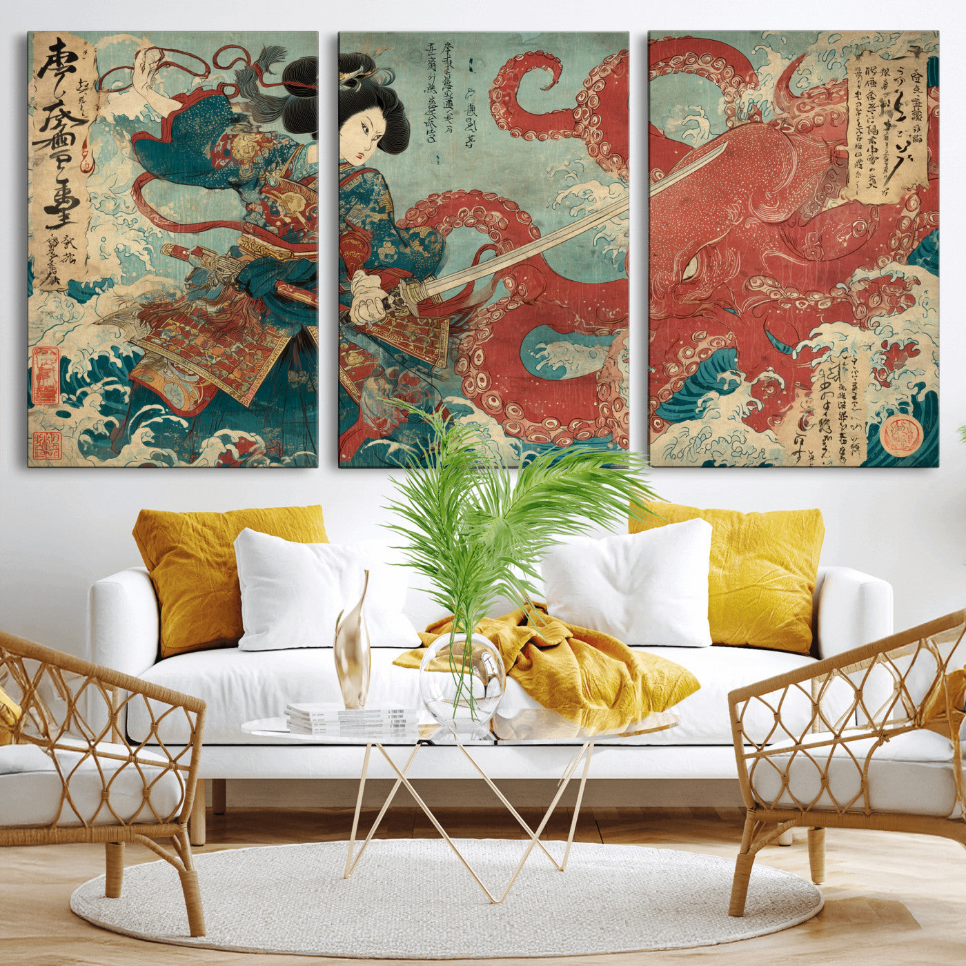 68844327-MGV-CV-36X24-Tsukioka Yoshitoshi Samurai Wall Art Print, Japanese Katana Warrior Canvas Wall Art, Octopus Sea Monster Canvas Print,