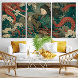 35461724-MGV-CV-36X24-Samurai Woman vs Octopus Wall Art – Japanese Ukiyo-e Ocean Waves Canvas Print, Red Tentacle Battle Artwork for Living Room,