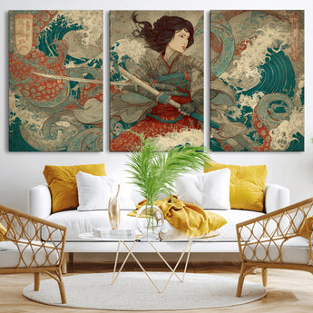 63377977-MGV-CV-36X24-Tsukioka Yoshitoshi Samurai Wall Art Print, Japanese Katana Warrior Canvas Wall Art, Octopus Sea Monster Canvas Print,