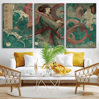91666601-MGV-CV-36X24-Samurai Woman vs Octopus Wall Art – Japanese Ukiyo-e Green Robe Canvas Print, Ocean Battle Artwork for Living Room, Office, Man
