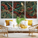 18902796-MGV-CV-36X24-Samurai Woman vs Octopus Wall Art – Japanese Ukiyo-e Green Kimono Canvas Print, Ocean Battle Scene Artwork for Living Room,
