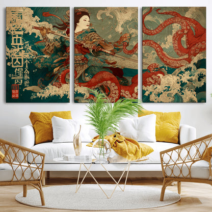 60201267-MGV-CV-36X24-Samurai Woman vs Octopus Wall Art – Japanese Ukiyo-e Armor Canvas Print, Red Tentacle Ocean Battle Artwork for Living Room,