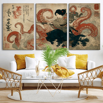82737246-MGV-CV-36X24-Samurai Woman vs Octopus Wall Art – Japanese Ukiyo-e Dual Sword Canvas Print, Red Tentacle Ocean Battle Artwork for Living Room,