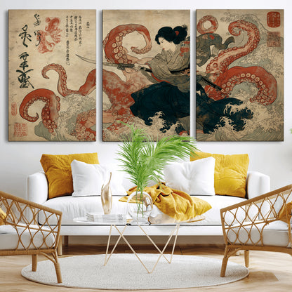 82737246-MGV-CV-36X24-Samurai Woman vs Octopus Wall Art – Japanese Ukiyo-e Dual Sword Canvas Print, Red Tentacle Ocean Battle Artwork for Living Room,