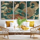 79740258-MGV-CV-36X24-Samurai Woman vs Octopus Wall Art – Japanese Ukiyo-e Blue Kimono Canvas Print, Ocean Battle Artwork for Living Room, Office, Man