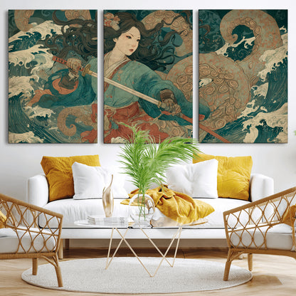 79740258-MGV-CV-36X24-Samurai Woman vs Octopus Wall Art – Japanese Ukiyo-e Blue Kimono Canvas Print, Ocean Battle Artwork for Living Room, Office, Man