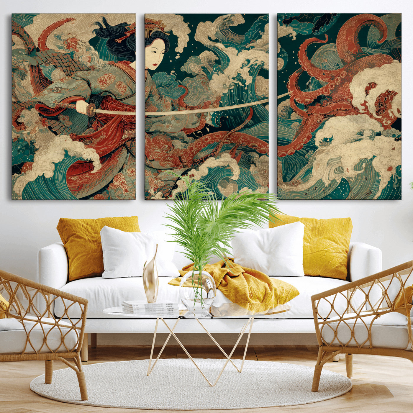 30212982-MGV-CV-36X24-Samurai Woman vs Octopus Wall Art – Japanese Ukiyo-e Style Warrior and Sea Monster Canvas Print, Mythology Inspired Artwork for
