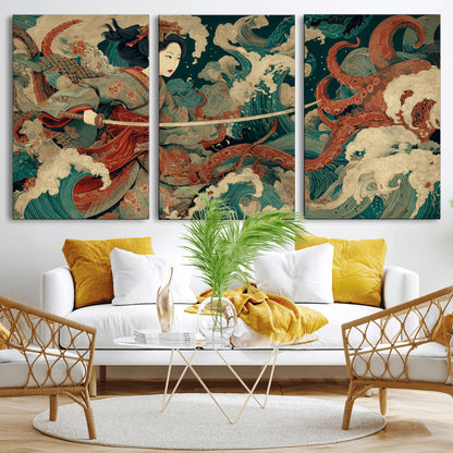 30212982-MGV-CV-36X24-Samurai Woman vs Octopus Wall Art – Japanese Ukiyo-e Style Warrior and Sea Monster Canvas Print, Mythology Inspired Artwork for