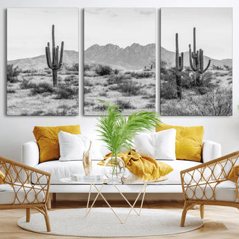 97436PHN-MGV-CV-36X24-Desert Landscape Wall Art – Black and White Cactus and Mountain Canvas Print, Southwestern Nature Photography for Living Room,
