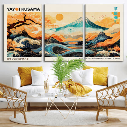 94085549-MGV-CV-36X24-Yayoi Kusama Inspired Japanese Landscape Art Print – Vibrant Mount Fuji, Waves & Autumn Trees, Modern Decorative Poster for