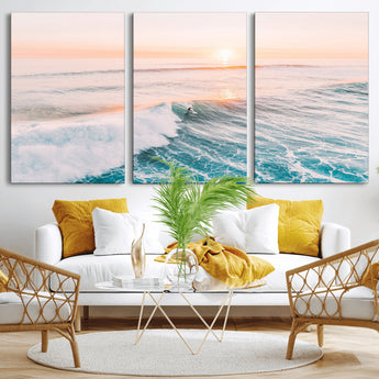 34064591-MGV-CV-60X30-3P-Surfing Wall Art – Sunset Ocean Wave Canvas Print, Surfer Riding Sea Photography Decor for Bedroom, Living Room, Office, Coastal