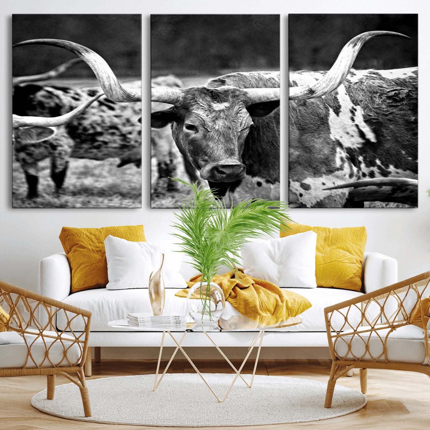 15425553-MGV-CV-36X24-Western Wall Art – Longhorn Cattle Black and White Canvas Print, Rustic Ranch Photography Decor for Bedroom, Living Room, Office,