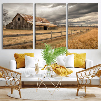 21991117-MGV-CV-36X24-Rustic Barn Wall Art – Weathered Farmhouse Canvas Print, Stormy Sky and Golden Field Photography Decor for Bedroom, Living Room,