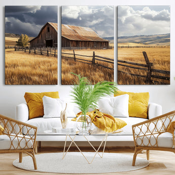 23718739-MGV-CV-36X24-Farmhouse Wall Art – Rustic Barn and Golden Wheat Field Canvas Print, Country Landscape Photography Decor for Bedroom, Living