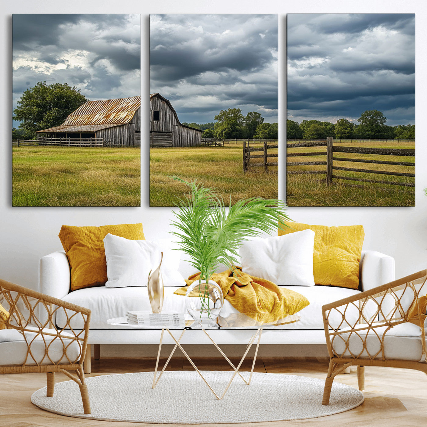 39409517-MGV-CV-36X24-Rustic Barn Wall Art – Weathered Farmhouse and Storm Clouds Canvas Print, Country Landscape Photography Decor for Bedroom, Living
