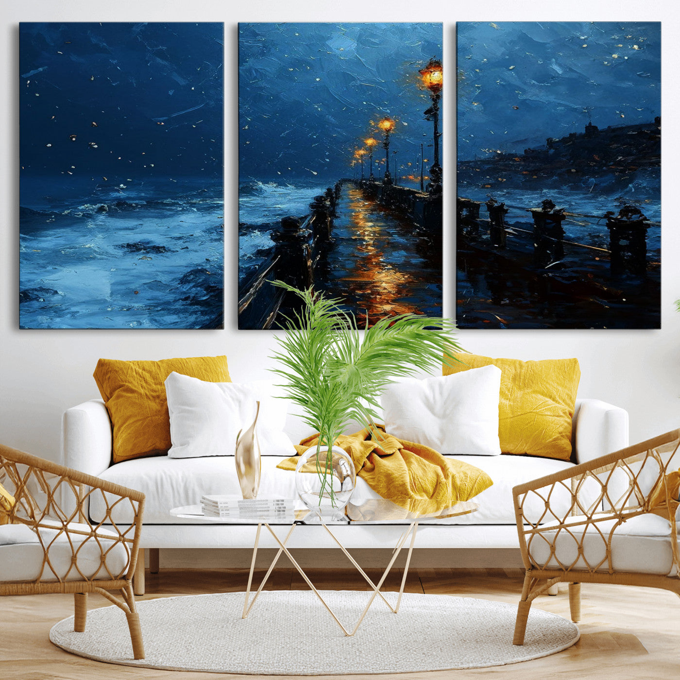 48300530-MGV-CV-36X24-Dark Stormy Pier Canvas Wall Art – Moody Ocean Night Scene with Street Lamps, Blue Coastal Seascape Print for Bedroom, Office, or