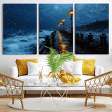 48300530-MGV-CV-36X24-Dark Stormy Pier Canvas Wall Art – Moody Ocean Night Scene with Street Lamps, Blue Coastal Seascape Print for Bedroom, Office, or