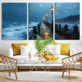 93793246-MGV-CV-36X24-Stormy Night Pier Canvas Wall Art – Moody Ocean Landscape with Lights, Blue Coastal Seascape Print for Bedroom, Living Room,