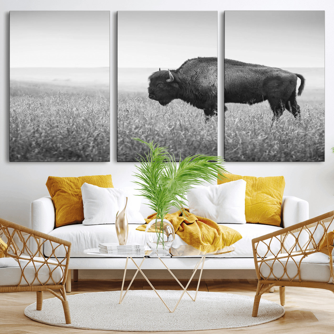 90861202-MGV-CV-36X24-Black and White Bison Canvas Wall Art – Rustic American Buffalo Print, Western Wildlife Photography for Farmhouse, Cabin, Office