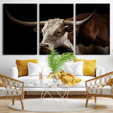 27414857-MGV-CV-36X24-Texas Longhorn Bull Canvas Wall Art – Rustic Western Farmhouse Decor, Brown & White Cow Portrait, Animal Print for Ranch Home