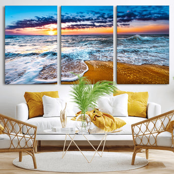 24077769-MGV-CV-36X24-Sunset Beach Wall Art – Ocean Waves Canvas Print, Golden Shoreline Photography Coastal Decor for Living Room, Bedroom, Office,