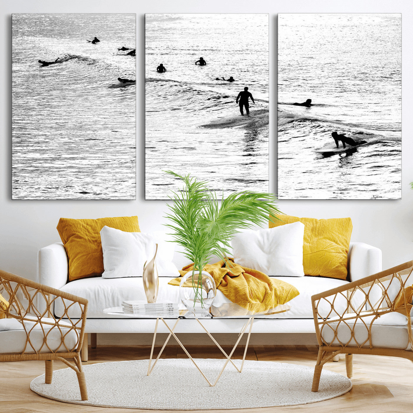 68018616-MGV-CV-36X24-Black and White Surf Photography Print – Minimalist Ocean Wall Art, Surfers Riding Waves, Coastal Beach Decor for Modern Home or