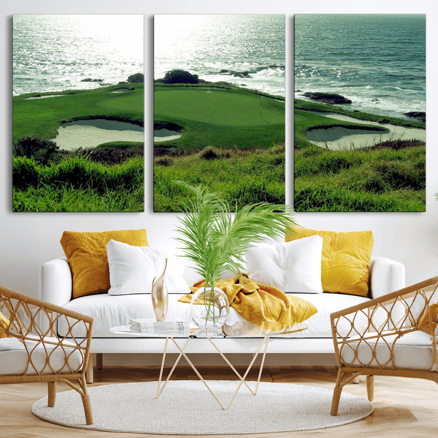 48473947-MGV-CV-36X24-Ocean Golf Course Wall Art – Panoramic Green Fairway Canvas Print, Coastal Golf Landscape Photography Sports Decor for Office, Man
