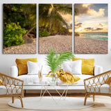 89531159-MGV-CV-36X24-Tropical Beach Sunset Canvas Wall Art – Palm Trees Golden Sand Ocean Waves Coastal Paradise Print for Beach House Bedroom Bathroom