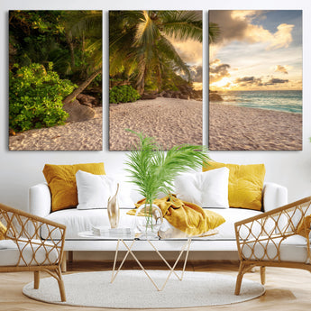 89531159-MGV-CV-36X24-Tropical Beach Sunset Canvas Wall Art – Palm Trees Golden Sand Ocean Waves Coastal Paradise Print for Beach House Bedroom Bathroom