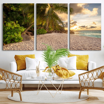 89531159-MGV-CV-36X24-Tropical Beach Sunset Canvas Wall Art – Palm Trees Golden Sand Ocean Waves Coastal Paradise Print for Beach House Bedroom Bathroom