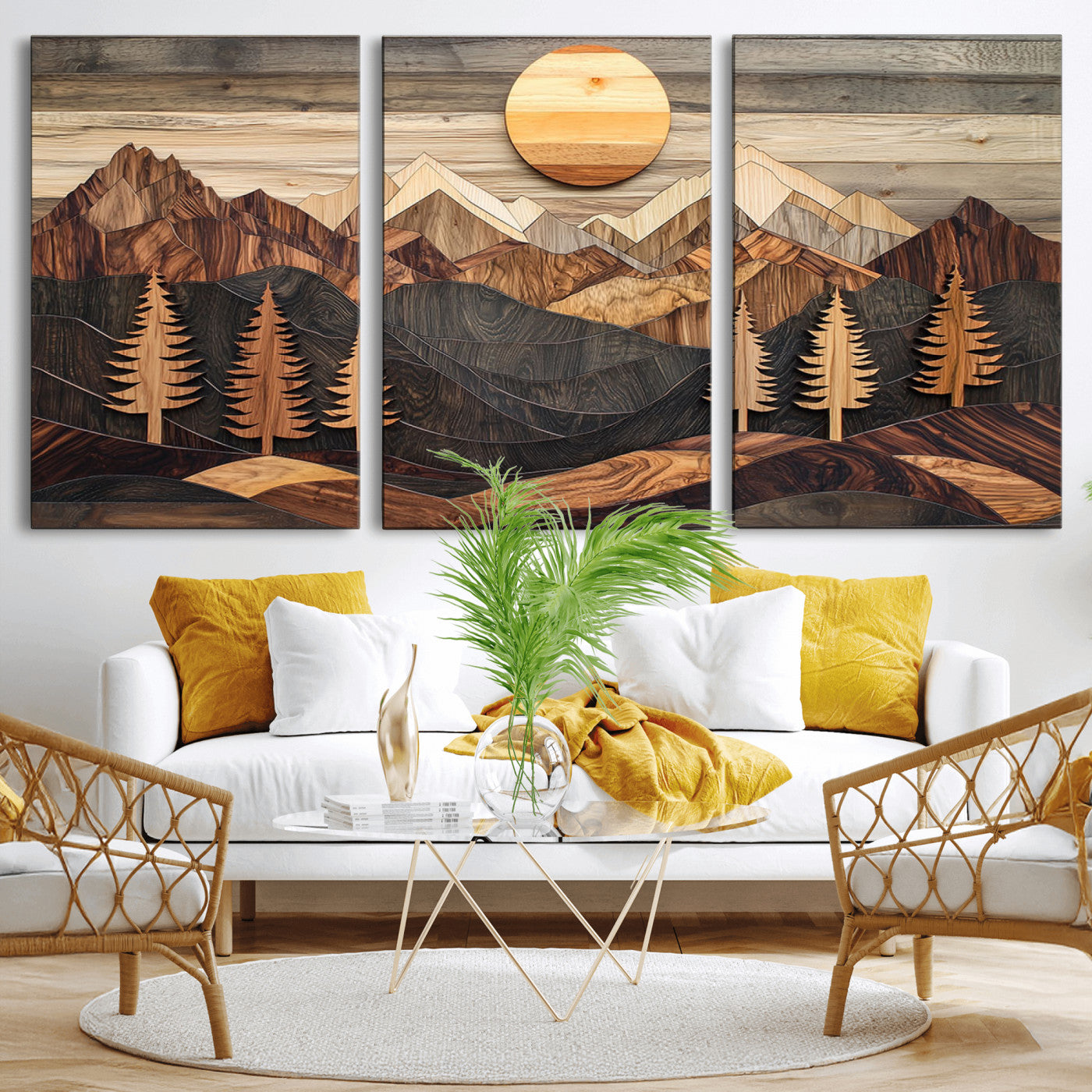90044381-MGV-CV-36X24-Rustic Wall Art – Wooden Mountain Landscape with Sun and Pine Trees, Handcrafted Nature Canvas Style Decor for Bedroom, Living