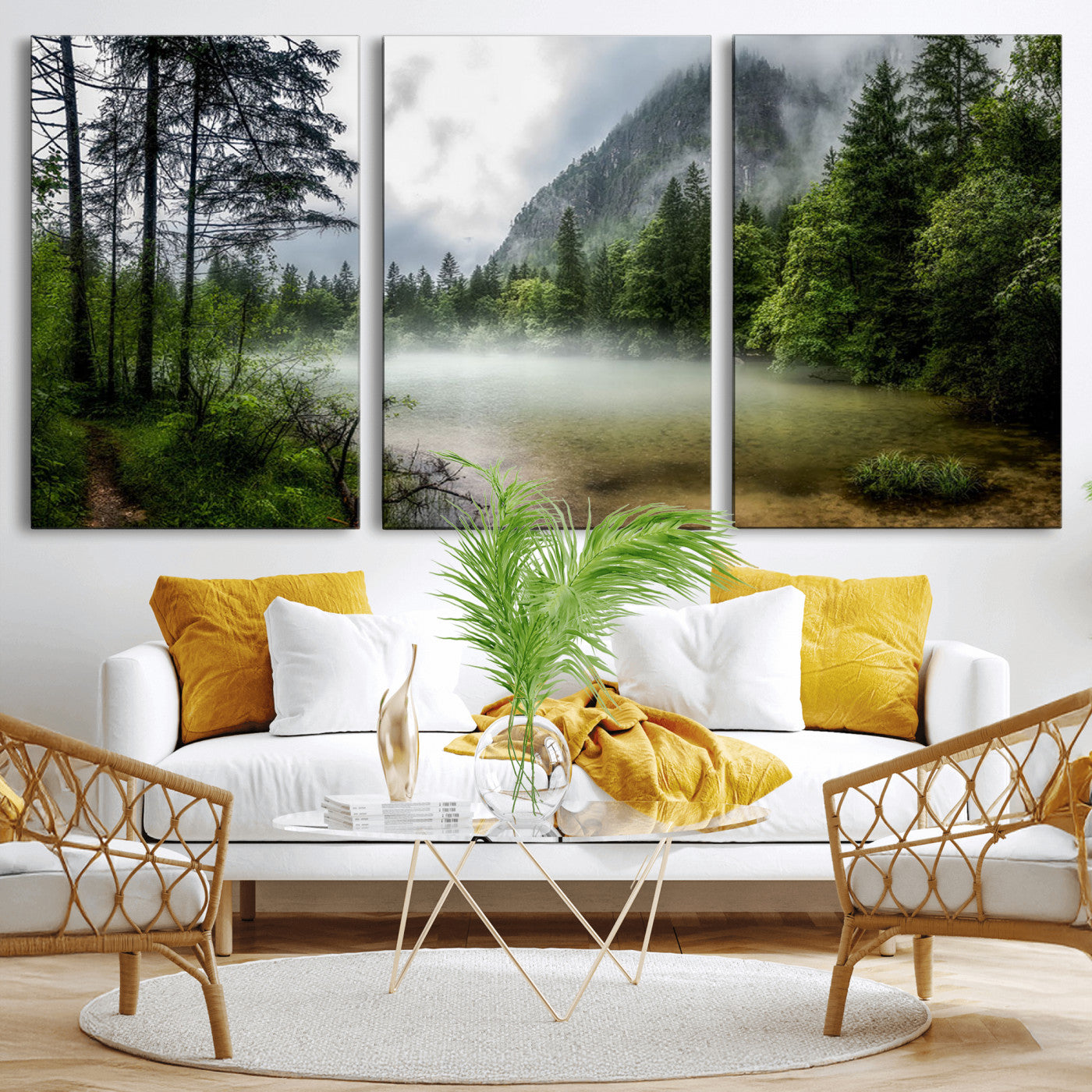 93123937-MGV-CV-36X24-Landscape Wall Art – Misty Mountain Lake Canvas Print, Tranquil Forest and Waterfall Photography Decor for Bedroom, Living Room,