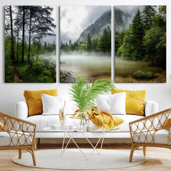 93123937-MGV-CV-36X24-Landscape Wall Art – Misty Mountain Lake Canvas Print, Tranquil Forest and Waterfall Photography Decor for Bedroom, Living Room,