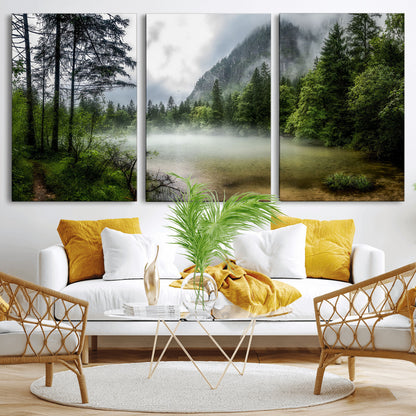 93123937-MGV-CV-36X24-Landscape Wall Art – Misty Mountain Lake Canvas Print, Tranquil Forest and Waterfall Photography Decor for Bedroom, Living Room,