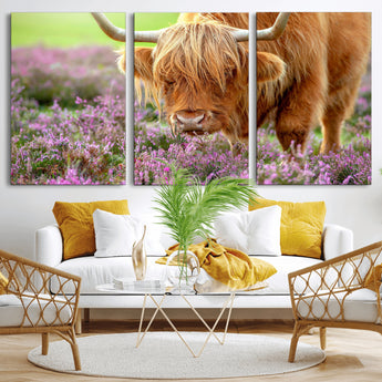 64069351-MGV-CV-36X24-Farmhouse Wall Art – Highland Cow in Wildflowers Canvas Print, Rustic Country Cattle Photography Decor for Bedroom, Living Room,