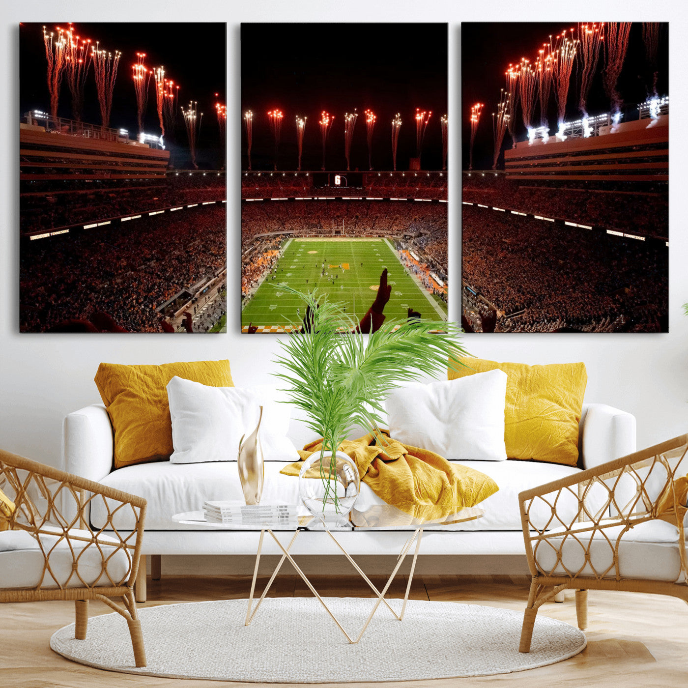 73358115-MGV-CV-36X24-Neyland Stadium Wall Art – Panoramic Tennessee Volunteers Night Game Canvas Print, Fireworks Football Celebration Sports Decor for