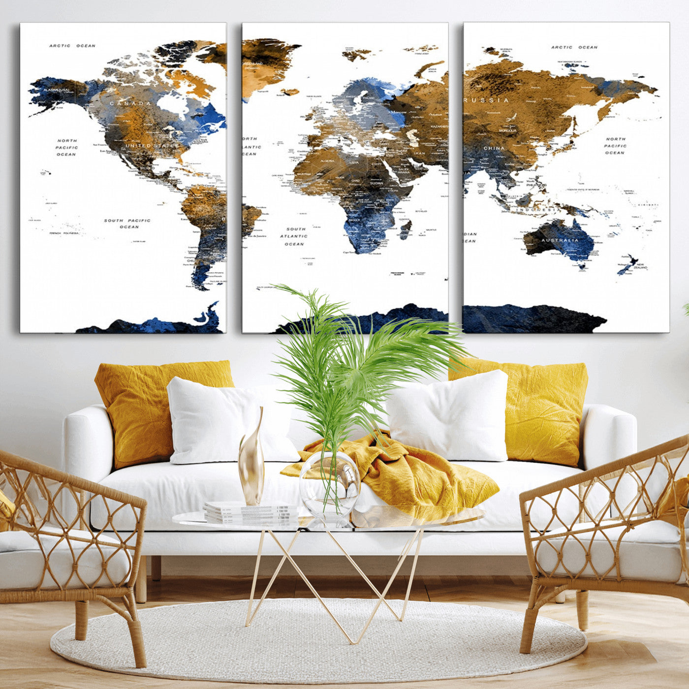 MGV-CV-60X30-3P - World Map Wall Art Canvas Print, Framed Blue Gold Map Art Picture Print, Rustic Atlas Perfect Rustic Modern Decor Artwork