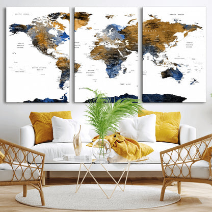 MGV-CV-60X30-3P - World Map Wall Art Canvas Print, Framed Blue Gold Map Art Picture Print, Rustic Atlas Perfect Rustic Modern Decor Artwork