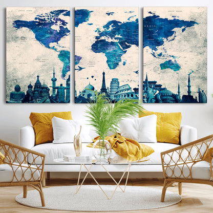 MGV-CV-60X30-3P - Blue World Map Wall Art Canvas Print, Framed Iconic Landmarks Art Picture Print, Blue Globe Map Perfect Elegant Explorer Decor Artwork