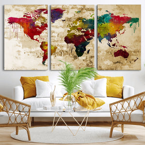 MGV-CV-60X30-3P - Multicolor Map Wall Art Canvas Print, Framed Watercolor Continents Art Picture Print, Colorful World Map Perfect Rustic Modern Decor Artwork