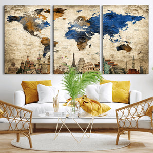MGV-CV-60X30-3P - Vintage World Map Wall Art Canvas Print, Framed Cultural Map Art Picture Print, World Landmarks Perfect Cultural Vintage Decor Artwork