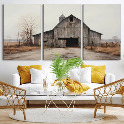 90499-MGV-CV-60X30-3P-Old Barn Wall Art Canvas Print, Framed Rustic Barn Art Picture Print, Abandoned Farm Perfect Rustic Farmhouse Decor Artwork