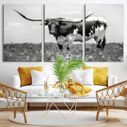 83785-MGV-CV-36X24-Texas Longhorn Wall Art Canvas Print, Framed Horned Bull Art Picture Print, Monochrome Cattle Perfect Rustic Western Decor Artwork